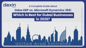 Odoo ERP vs. Microsoft Dynamics 365 comparison — professionals analyzing ERP dashboards for Dubai businesses.