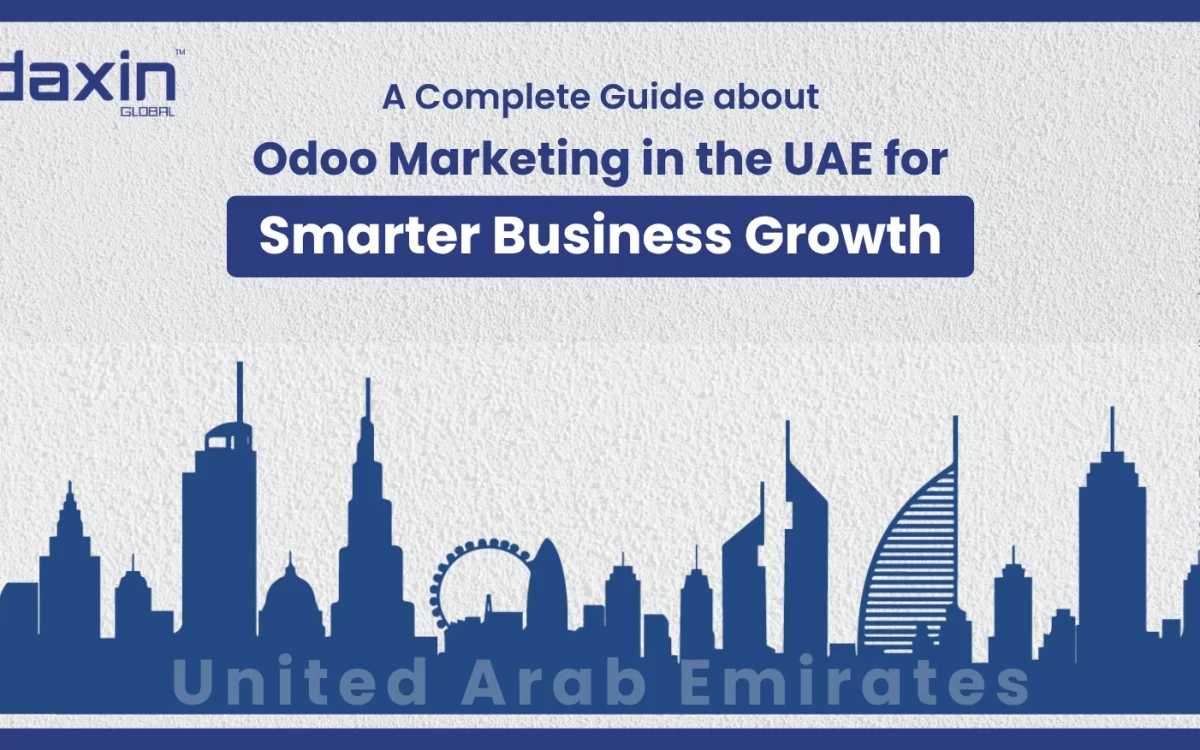 Text-based graphic displaying the title “Odoo Marketing in the UAE for Smarter Business Growth” by Daxin Global.
