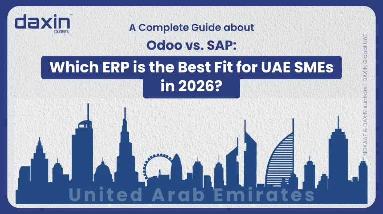 Text-based graphic displaying the title “Odoo vs. SAP: Which ERP is the Best Fit for UAE SMEs in 2026?” by Daxin Global.
