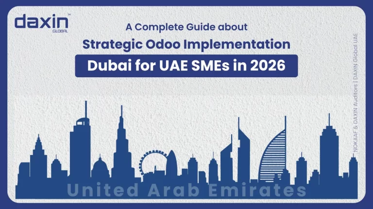 Text-based graphic displaying the title “Strategic Odoo Implementation Dubai for UAE SMEs in 2026” by Daxin Global.