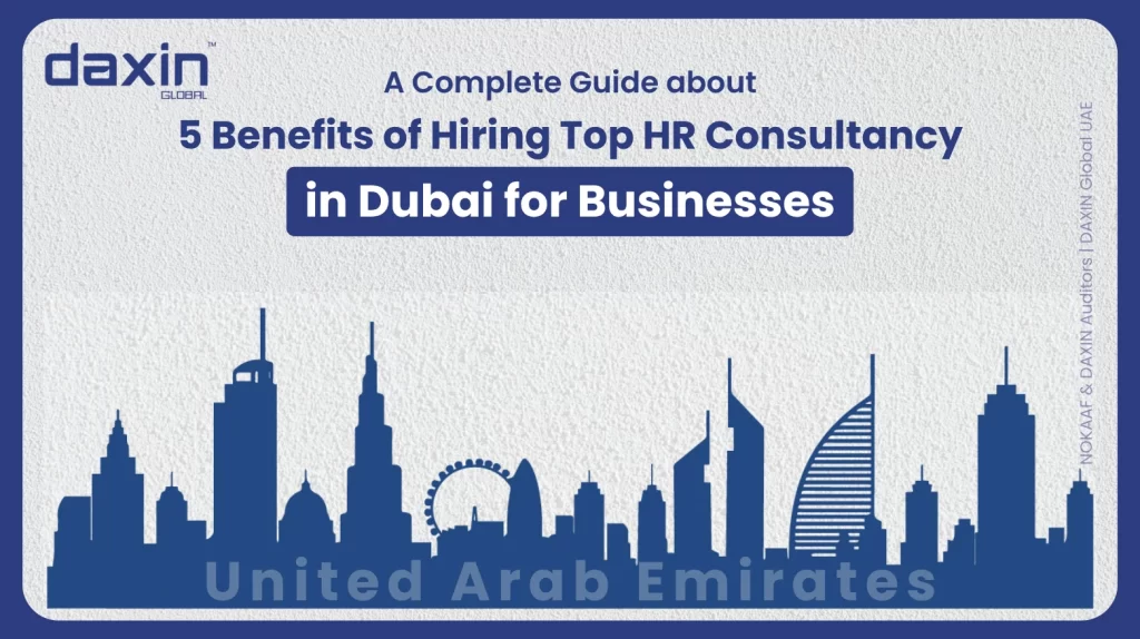 A professional corporate web banner featuring a blue silhouette of the United Arab Emirates skyline against a textured light grey background, highlighting the Daxin Global logo and the text title for the HR consultancy guide.