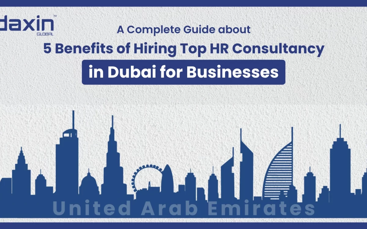 A professional corporate web banner featuring a blue silhouette of the United Arab Emirates skyline against a textured light grey background, highlighting the Daxin Global logo and the text title for the HR consultancy guide.