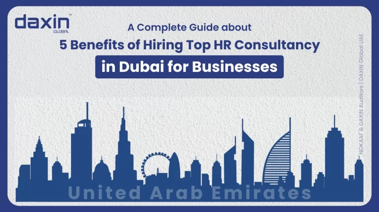 A professional corporate web banner featuring a blue silhouette of the United Arab Emirates skyline against a textured light grey background, highlighting the Daxin Global logo and the text title for the HR consultancy guide.