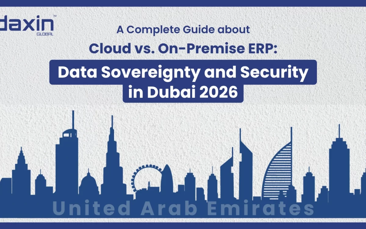 A professional corporate web banner featuring a blue silhouette of the United Arab Emirates skyline against a textured light grey background, highlighting the Daxin Global logo and the text title for the 2026 ERP guide.