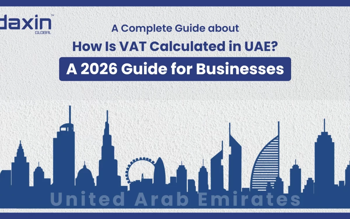 A professional corporate banner showing a blue silhouette of the United Arab Emirates skyline against a textured light grey background, featuring the Daxin Global logo and the text title for the 2026 VAT calculation guide.