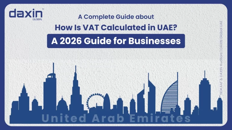 A professional corporate banner showing a blue silhouette of the United Arab Emirates skyline against a textured light grey background, featuring the Daxin Global logo and the text title for the 2026 VAT calculation guide.