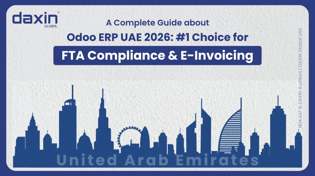 A professional corporate web banner featuring a blue silhouette of the United Arab Emirates skyline against a textured light grey background, highlighting the Daxin Global logo and the text title for the 2026 Odoo ERP guide.