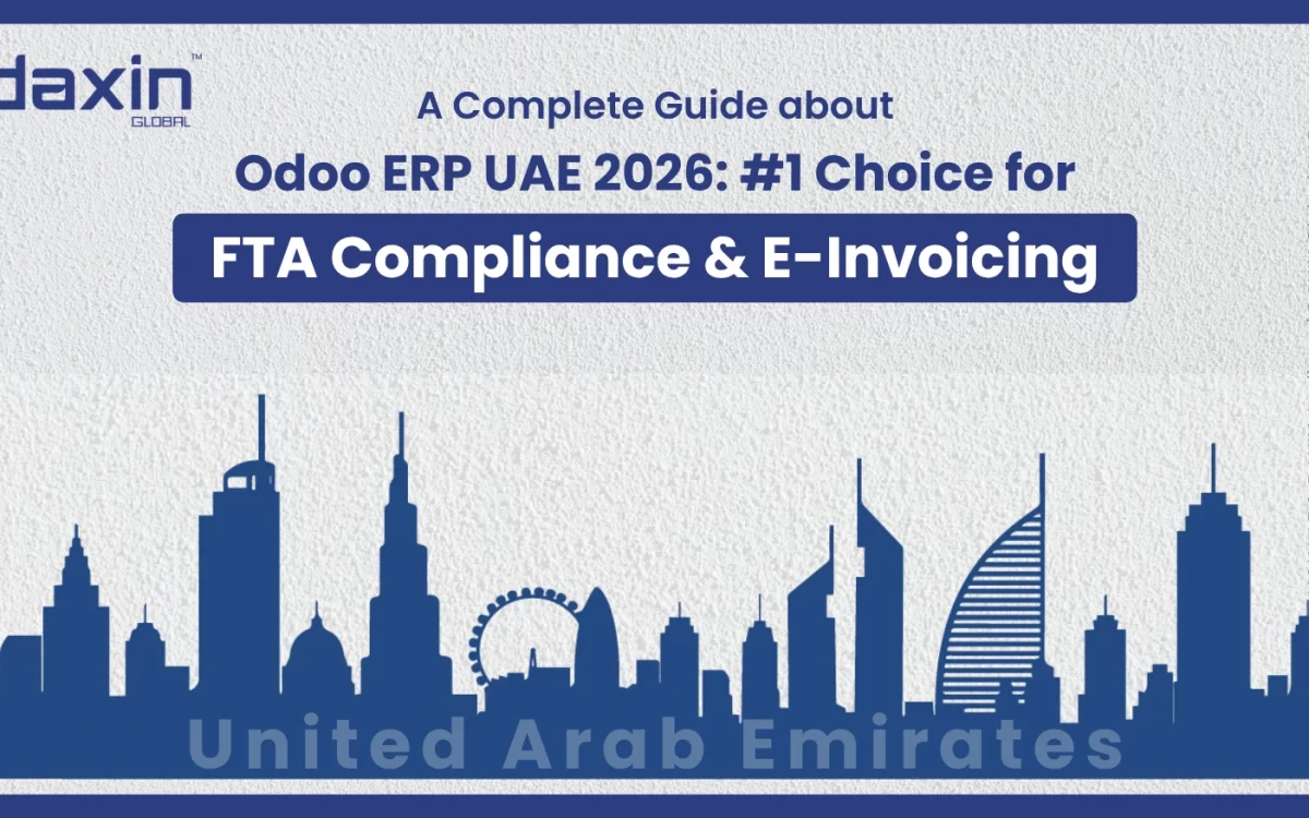 A professional corporate web banner featuring a blue silhouette of the United Arab Emirates skyline against a textured light grey background, highlighting the Daxin Global logo and the text title for the 2026 Odoo ERP guide.