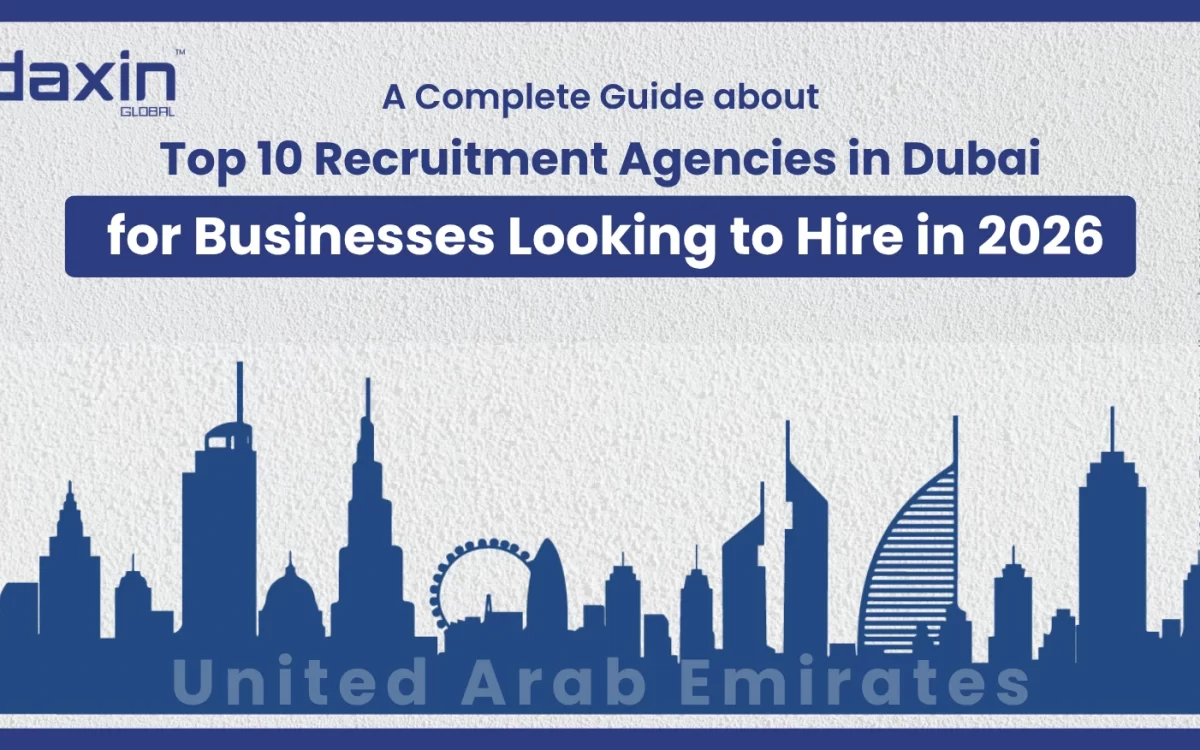 A professional corporate web banner featuring a blue silhouette of the United Arab Emirates skyline against a textured light grey background, highlighting the Daxin Global logo and the text title for the 2026 Dubai recruitment agency guide.