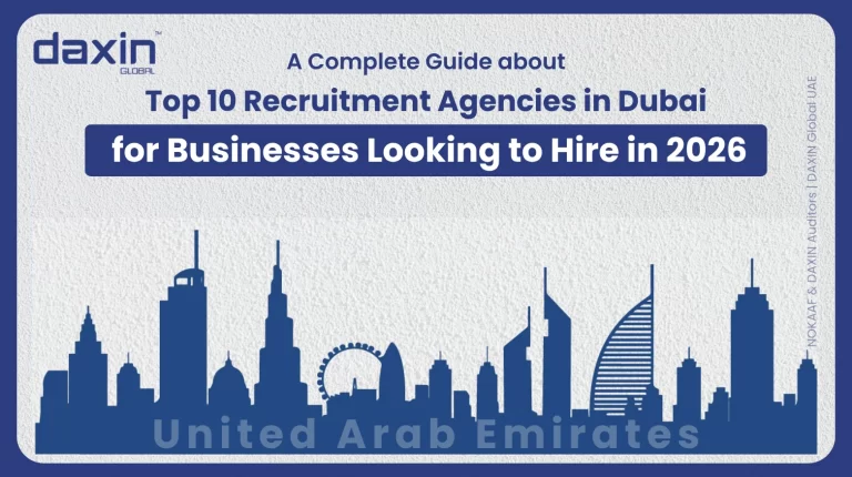 A professional corporate web banner featuring a blue silhouette of the United Arab Emirates skyline against a textured light grey background, highlighting the Daxin Global logo and the text title for the 2026 Dubai recruitment agency guide.