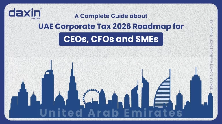A professional business banner featuring a modern blue silhouette of the UAE skyline with the Daxin Global logo and a title for the 2026 Corporate Tax roadmap for CEOs and CFOs.