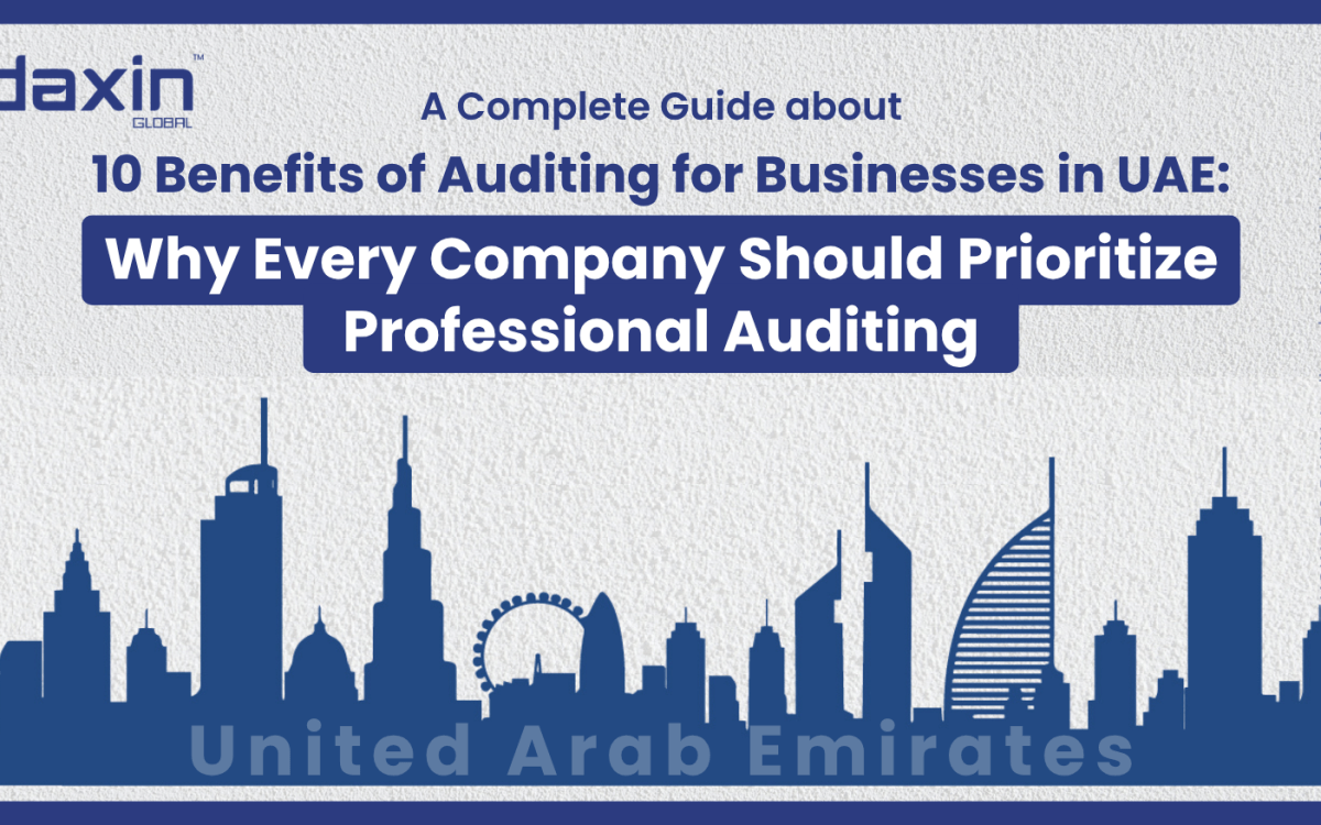 A professional corporate web banner featuring a blue silhouette of the United Arab Emirates skyline against a textured light grey background, highlighting the Daxin Global logo and the text title for the UAE corporate auditing guide.