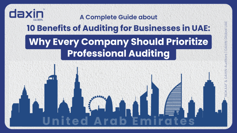 A professional corporate web banner featuring a blue silhouette of the United Arab Emirates skyline against a textured light grey background, highlighting the Daxin Global logo and the text title for the UAE corporate auditing guide.