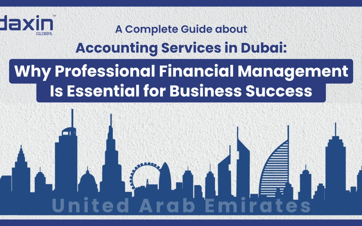 A professional corporate web banner featuring a blue silhouette of the United Arab Emirates skyline against a textured light grey background, highlighting the Daxin Global logo and the text title for the Dubai accounting services guide.