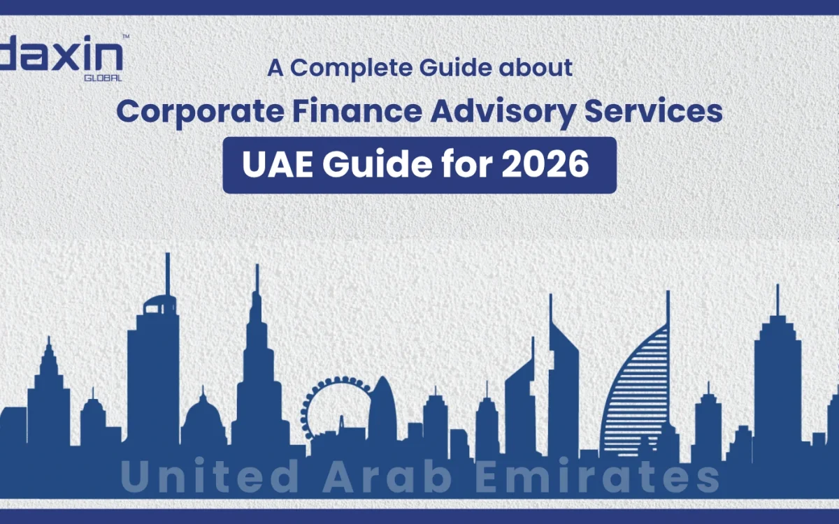 A professional corporate web banner featuring a blue silhouette of the United Arab Emirates skyline against a textured light grey background, highlighting the Daxin Global logo and the text title for the UAE corporate finance advisory services guide.