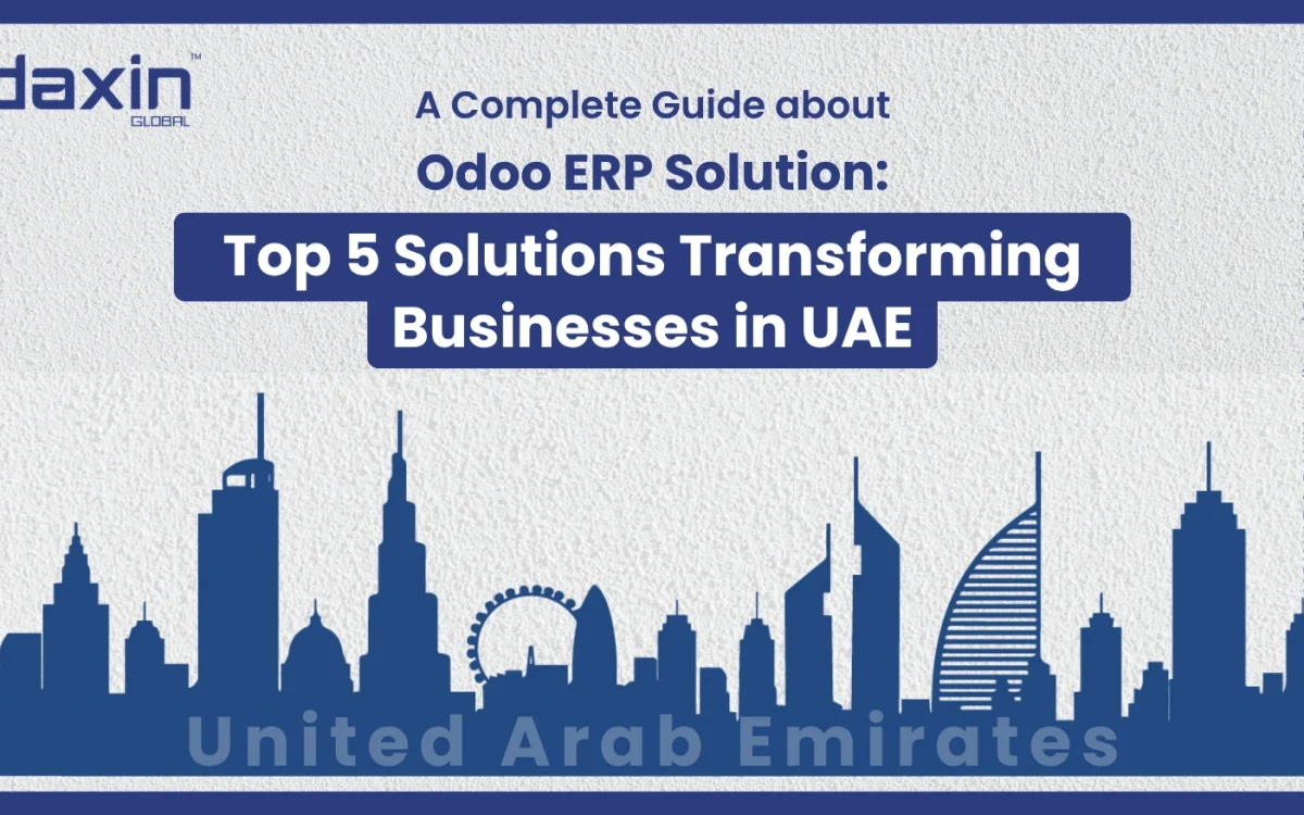 A professional corporate web banner featuring a blue silhouette of the United Arab Emirates skyline against a textured light grey background, highlighting the Daxin Global logo and the text title for the Odoo ERP solution guide.