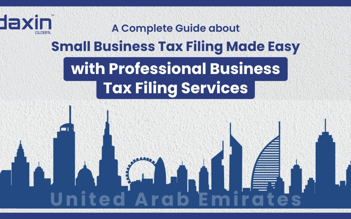 A professional corporate web banner featuring a blue silhouette of the United Arab Emirates skyline against a textured light grey background, highlighting the Daxin Global logo and the text title for the small business tax filing guide.