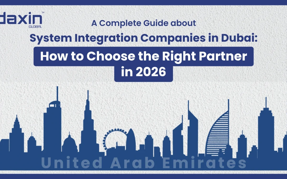 A professional corporate web banner featuring a blue silhouette of the United Arab Emirates skyline against a textured light grey background, highlighting the Daxin Global logo and the text title for the Dubai system integration partner guide.