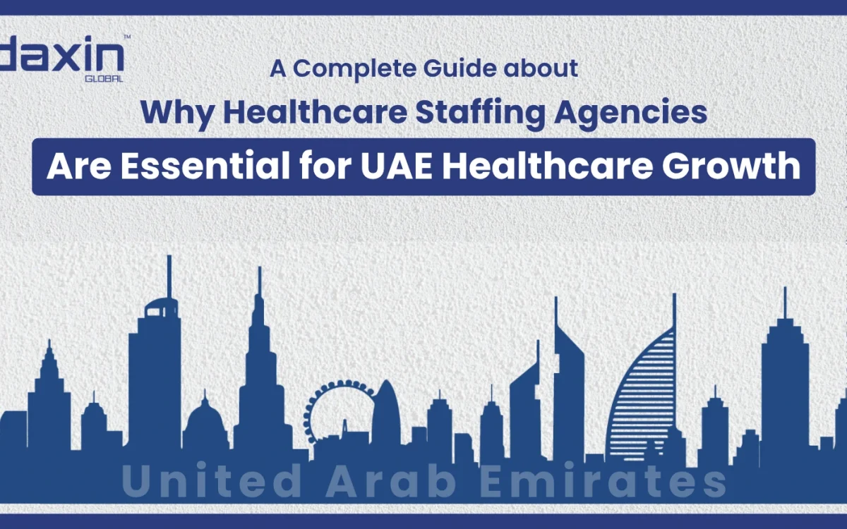 A professional corporate web banner featuring a blue silhouette of the United Arab Emirates skyline against a textured light grey background, highlighting the Daxin Global logo and the text title for the UAE medical staffing guide.