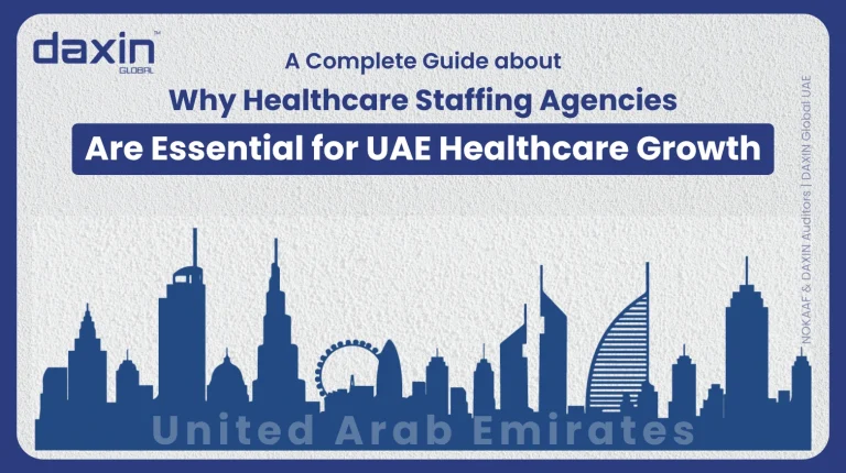 A professional corporate web banner featuring a blue silhouette of the United Arab Emirates skyline against a textured light grey background, highlighting the Daxin Global logo and the text title for the UAE medical staffing guide.