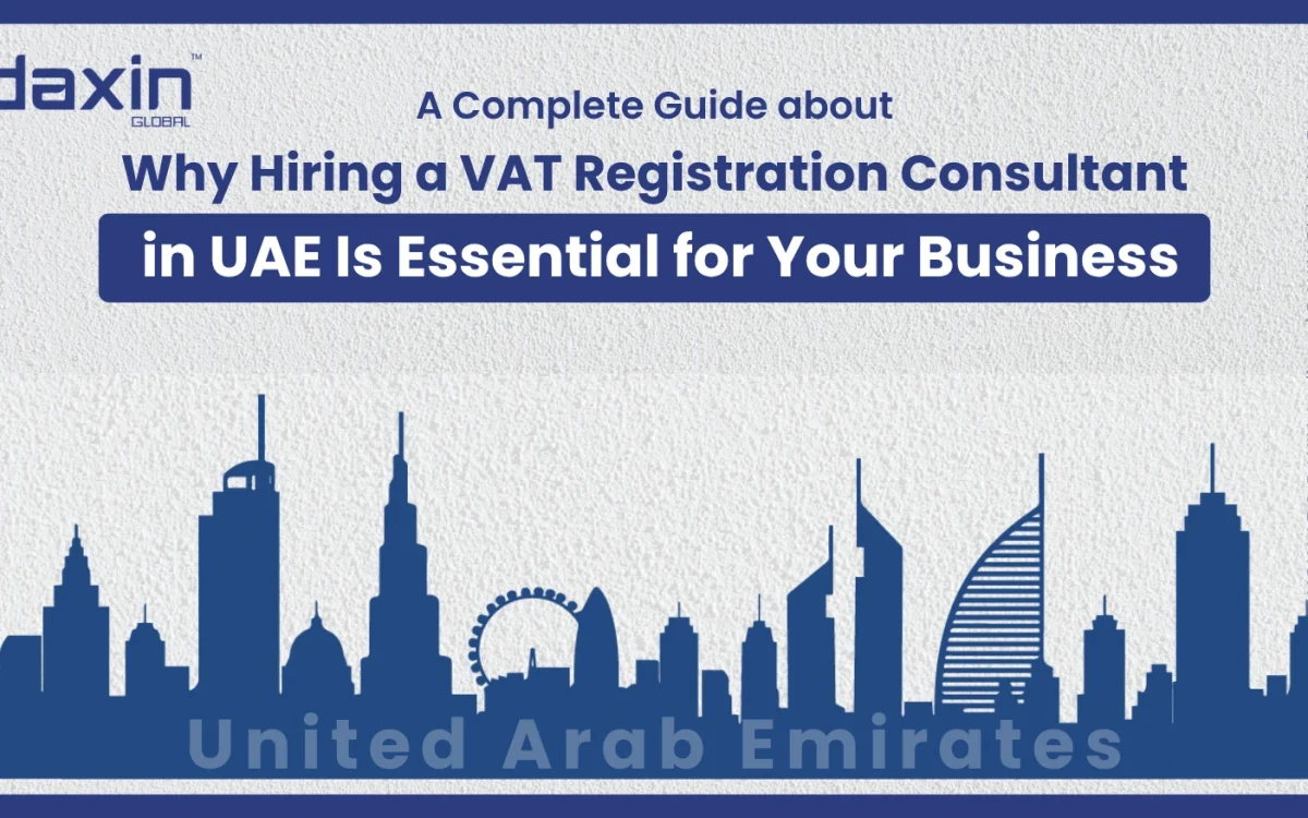 A professional corporate web banner featuring a blue silhouette of the United Arab Emirates skyline against a textured light grey background, highlighting the Daxin Global logo and the text title for the UAE VAT registration consultant guide.