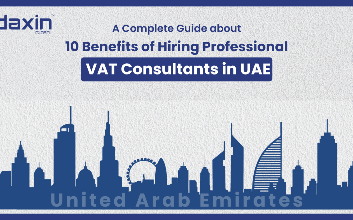 A professional corporate web banner featuring a blue silhouette of the United Arab Emirates skyline against a textured light grey background, highlighting the Daxin Global logo and the text title for the UAE VAT consultants guide.