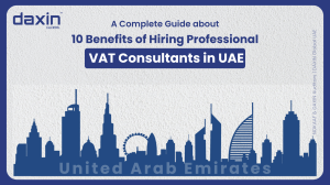A professional corporate web banner featuring a blue silhouette of the United Arab Emirates skyline against a textured light grey background, highlighting the Daxin Global logo and the text title for the UAE VAT consultants guide.
