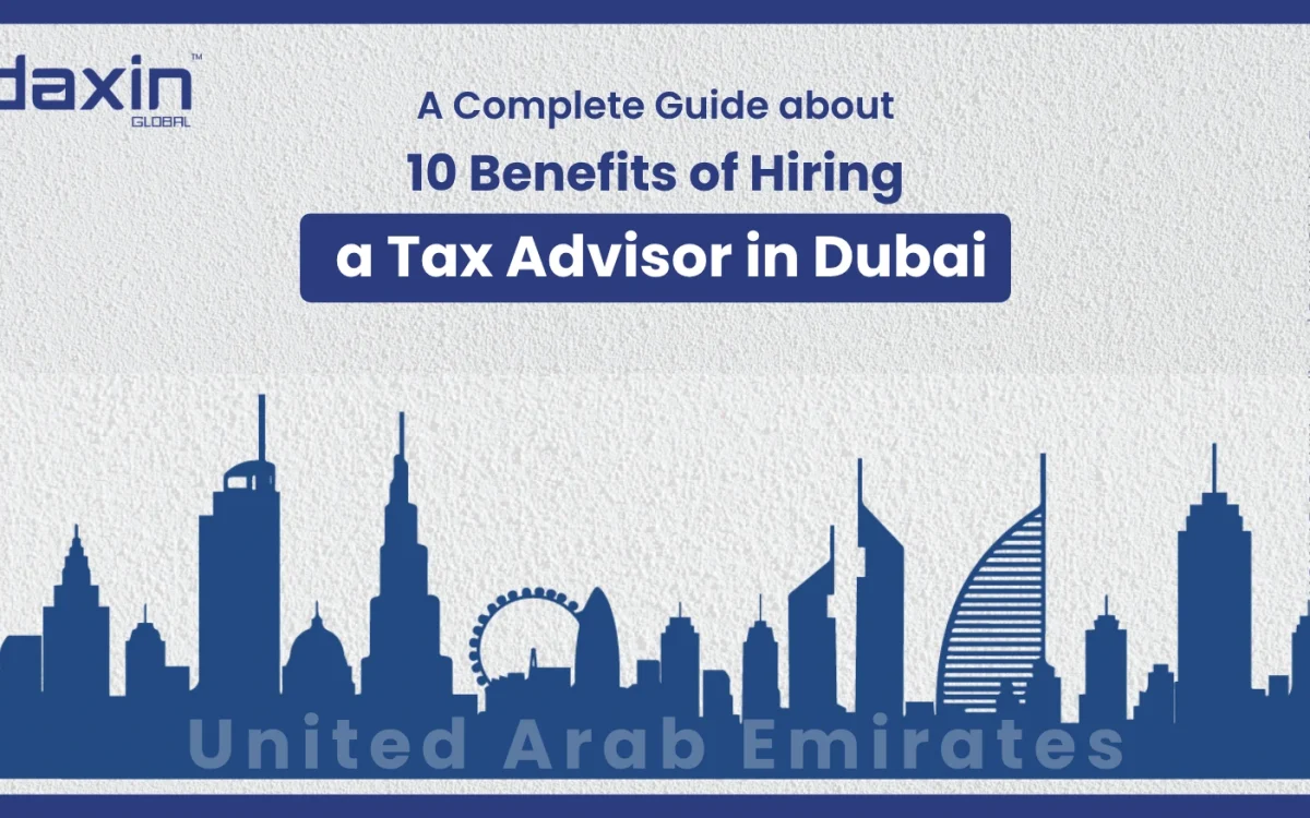 A professional corporate web banner featuring a blue silhouette of the United Arab Emirates skyline against a textured light grey background, highlighting the Daxin Global logo and the text title for the guide on hiring a tax advisor in Dubai.