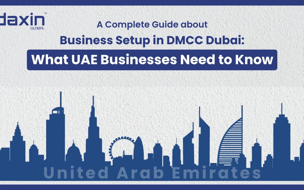 A professional corporate web banner featuring a blue silhouette of the United Arab Emirates skyline against a textured light grey background, highlighting the Daxin Global logo and the text title for the DMCC Dubai business setup guide.