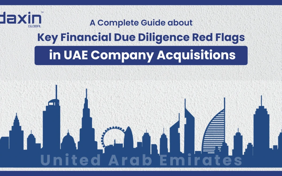 A professional corporate web banner featuring a blue silhouette of the United Arab Emirates skyline against a textured light grey background, highlighting the Daxin Global logo and the text title for a guide on financial due diligence red flags in UAE acquisitions.
