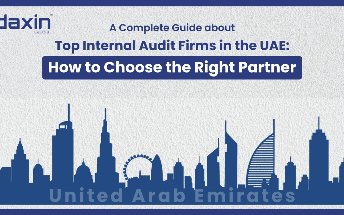 A professional corporate web banner featuring a blue silhouette of the United Arab Emirates skyline against a textured light grey background, highlighting the Daxin Global logo and the text title for the guide on choosing internal audit firms in the UAE.