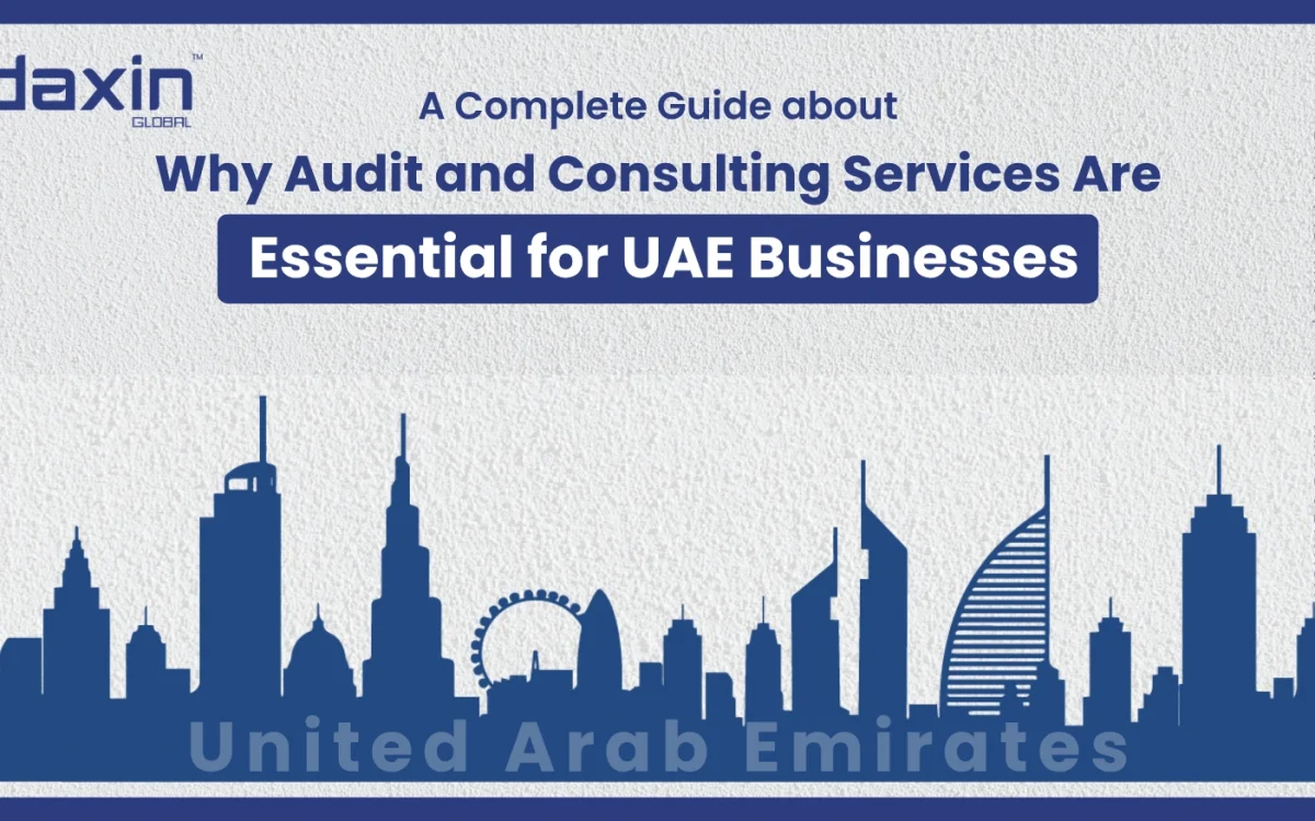 A professional corporate web banner featuring a blue silhouette of the United Arab Emirates skyline against a textured light grey background, highlighting the Daxin Global logo and the text title for the UAE audit and consulting services guide.