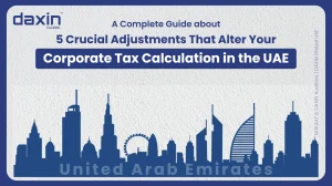 A professional corporate web banner featuring a dark blue silhouette of the United Arab Emirates skyline against a textured light grey background, displaying the Daxin Global logo and title text for a complete guide about 5 crucial adjustments that alter corporate tax calculations in the UAE.