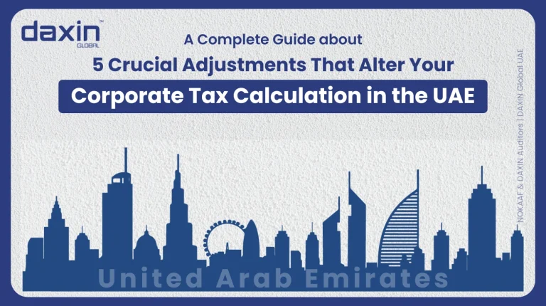 A professional corporate web banner featuring a dark blue silhouette of the United Arab Emirates skyline against a textured light grey background, displaying the Daxin Global logo and title text for a complete guide about 5 crucial adjustments that alter corporate tax calculations in the UAE.