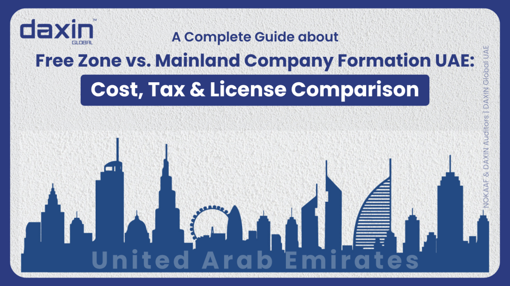 A professional corporate web banner featuring a dark blue silhouette of the United Arab Emirates skyline against a textured light grey background, displaying the Daxin Global logo and title text for a complete guide comparing cost, tax, and licensing between Free Zone and Mainland company formation in the UAE.