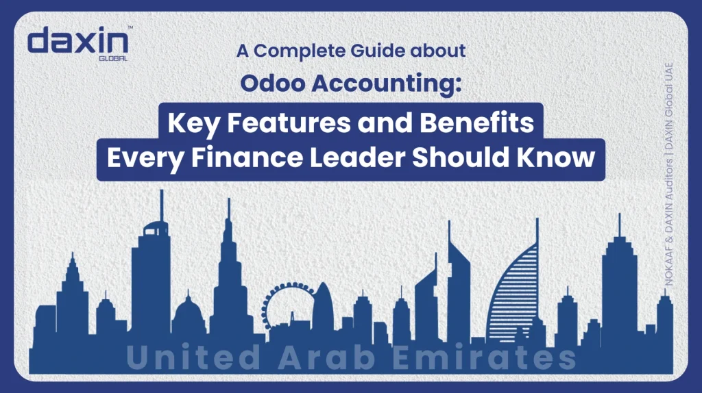 A professional corporate web banner featuring a blue silhouette of the United Arab Emirates skyline against a textured light grey background, displaying the Daxin Global logo and text title for a complete guide on Odoo Accounting key features and benefits for finance leaders.