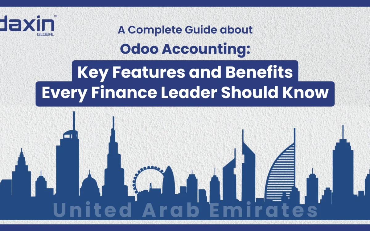 A professional corporate web banner featuring a blue silhouette of the United Arab Emirates skyline against a textured light grey background, displaying the Daxin Global logo and text title for a complete guide on Odoo Accounting key features and benefits for finance leaders.