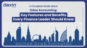 A professional corporate web banner featuring a blue silhouette of the United Arab Emirates skyline against a textured light grey background, displaying the Daxin Global logo and text title for a complete guide on Odoo Accounting key features and benefits for finance leaders.