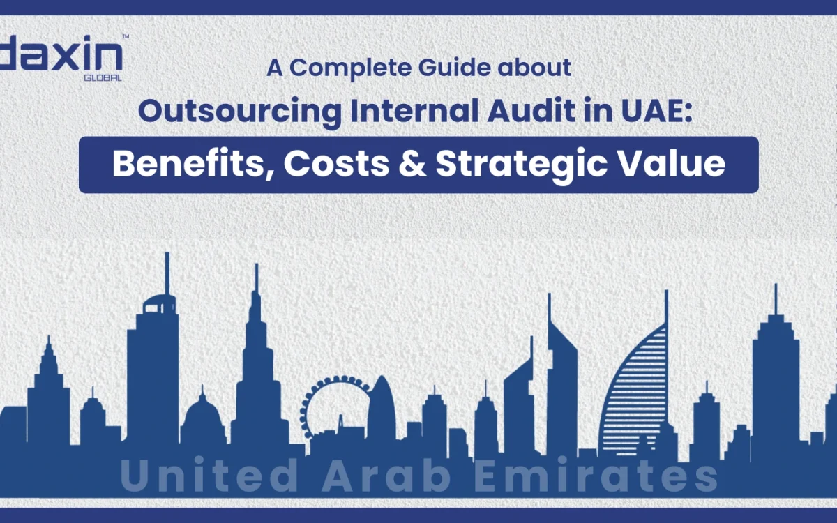 A professional corporate web banner featuring a blue silhouette of the United Arab Emirates skyline against a textured light grey background, displaying the Daxin Global logo and text title for a guide on outsourcing internal audit in UAE covering benefits, costs, and strategic value.