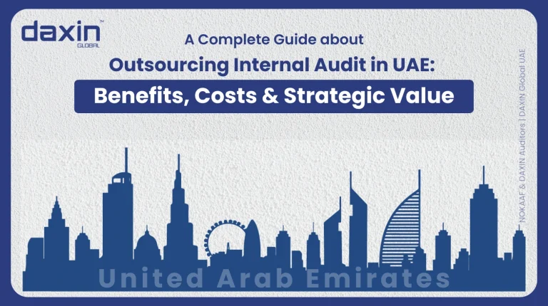 A professional corporate web banner featuring a blue silhouette of the United Arab Emirates skyline against a textured light grey background, displaying the Daxin Global logo and text title for a guide on outsourcing internal audit in UAE covering benefits, costs, and strategic value.