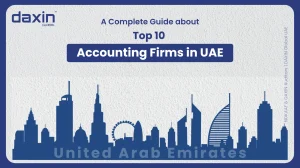 A professional corporate web banner featuring a dark blue silhouette of the United Arab Emirates skyline against a textured light grey background, displaying the Daxin Global logo and title text for a complete guide about the Top 10 Accounting Firms in UAE.