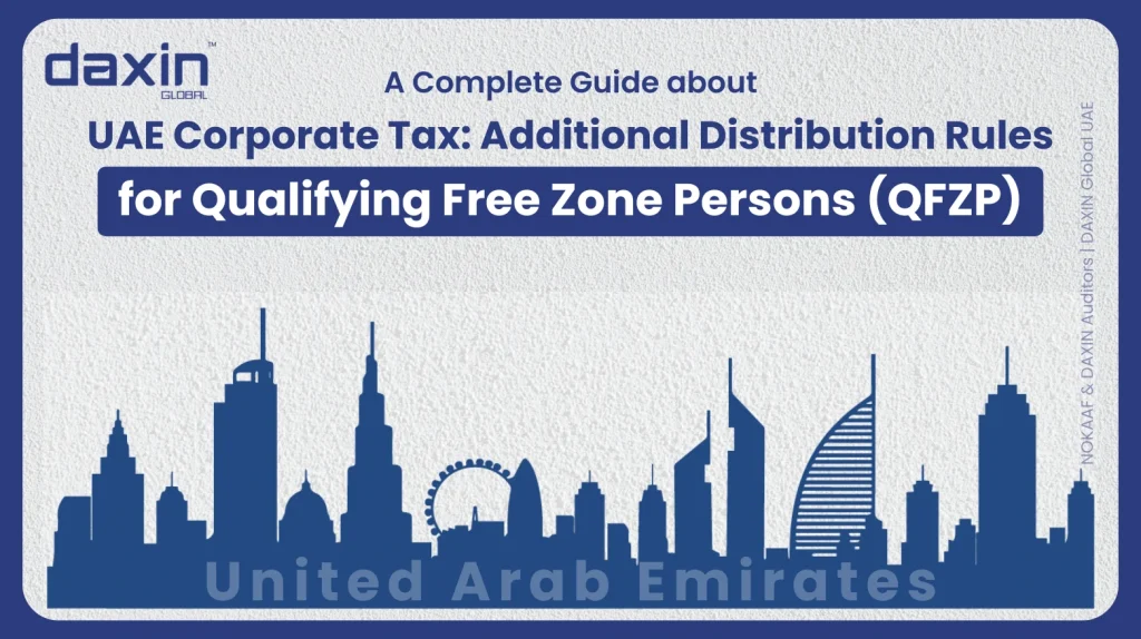A professional corporate web banner featuring a dark blue silhouette of the United Arab Emirates skyline against a textured light grey background, displaying the Daxin Global logo and title text for a complete guide on UAE Corporate Tax additional distribution rules for Qualifying Free Zone Persons (QFZP).