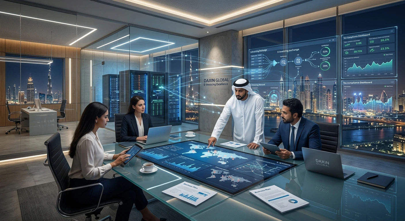A modern executive conference room in Dubai overlooking the illuminated city skyline at night, where corporate professionals and an Emirati business leader review e-invoicing data on an interactive smart table and large digital dashboards labeled DAXIN GLOBAL.