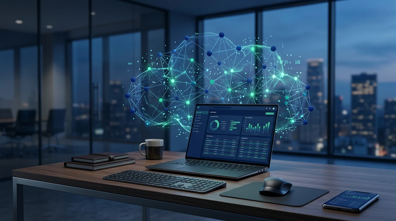 An open laptop displaying an analytics dashboard on a modern executive office desk at night, with a glowing blue and green holographic cloud network floating above the screen against a city skyline background.