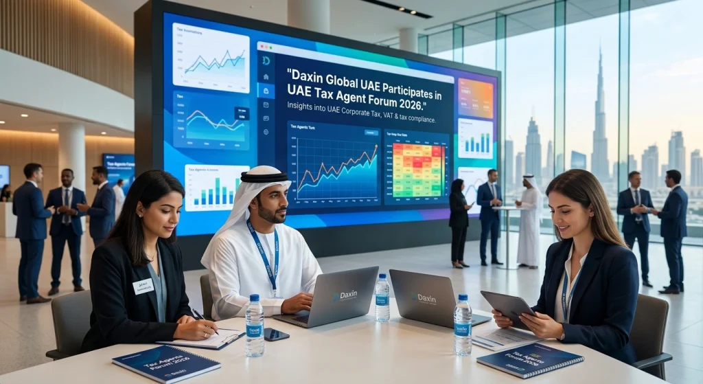 Daxin Global UAE tax professionals reviewing financial data on laptops and tablets at a corporate conference table during the UAE Tax Agent Forum 2026, with a large digital screen displaying corporate tax and VAT analytics against the Dubai skyline.