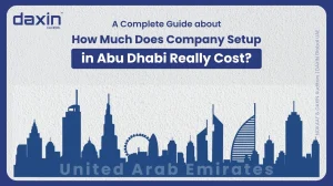 A professional corporate web banner featuring a dark blue silhouette of the United Arab Emirates skyline against a textured light grey background, displaying the Daxin Global logo and title text for a complete guide on how much company setup in Abu Dhabi really costs.