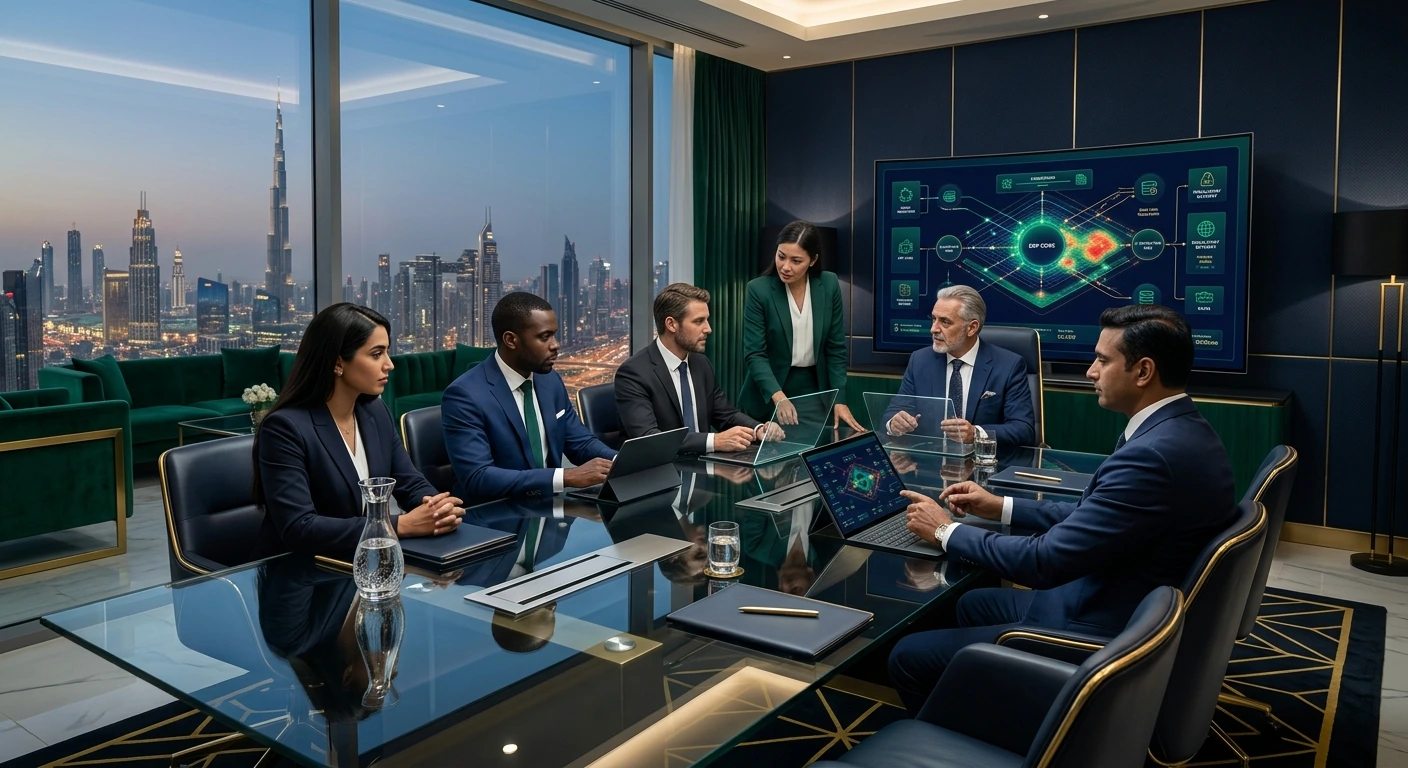 A diverse group of corporate executives and IT consultants reviewing ERP network diagrams and data analytics on laptops and a large wall-mounted screen inside a luxury high-rise boardroom overlooking the Dubai skyline at twilight.
