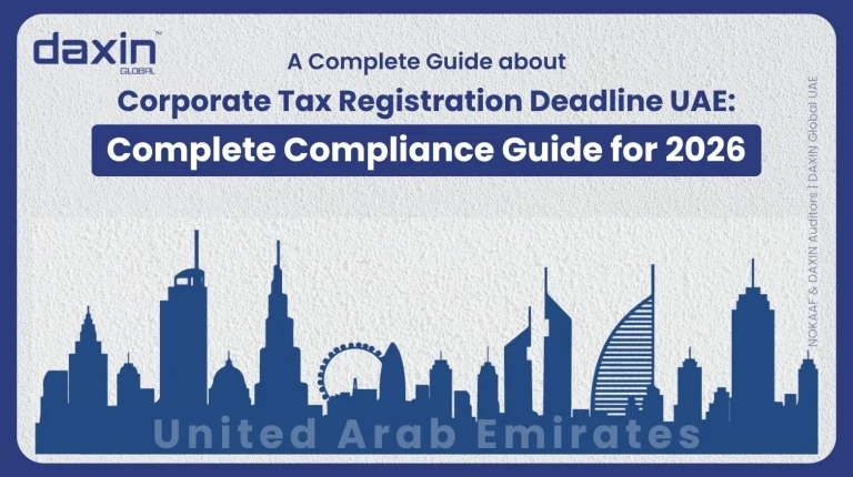A professional corporate web banner featuring a dark blue silhouette of the United Arab Emirates skyline against a textured light grey background, displaying the Daxin Global logo and title text for a complete compliance guide on corporate tax registration deadlines in the UAE for 2026.