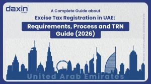 A professional corporate web banner featuring a dark blue silhouette of the United Arab Emirates skyline against a textured light grey background, displaying the Daxin Global logo and title text for a complete guide on Excise Tax Registration in UAE requirements, process, and TRN guide for 2026.