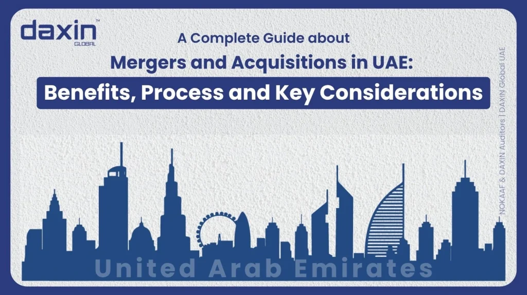 A professional corporate web banner featuring a dark blue silhouette of the United Arab Emirates skyline against a textured light grey background, displaying the Daxin Global logo and title text for a complete guide on Mergers and Acquisitions in UAE benefits, process, and key considerations.